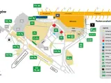 Mapa parkingów Lotnisko Chopina Warszawa z zaznaczonymi strefami P16, P47, P3, P4, P45, P42, P48, P46, P43, P9, P44, P5, P15, P41, PP, PS, P2, XXL.