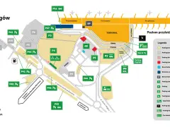 Mapa parkingów Lotnisko Chopina Warszawa z zaznaczonymi strefami P16, P47, P3, P4, P45, P42, P48, P46, P43, P9, P44, P5, P15, P41, PP, PS, P2, XXL.