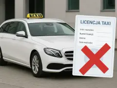 Biała taksówka z tabliczką "TAXI" i dokumentem "LICENCJA TAXI" z przekreślonym krzyżykiem. Kod zawodu taksówkarz.