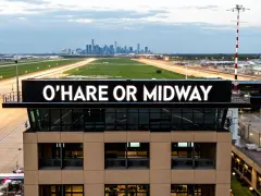 Wieża kontroli lotów na lotnisku Chicago z napisem "O'HARE OR MIDWAY". W tle widać panoramę miasta.