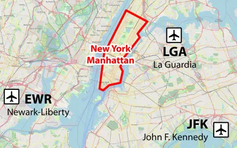 Mapa Nowego Jorku z zaznaczonym Manhattanem, lotniskami LGA, EWR i JFK.