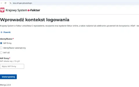 Formularz logowania do Krajowego Systemu e-Faktur. Wybierz identyfikator firmy, wpisz swój NIP i uwierzytelnij.