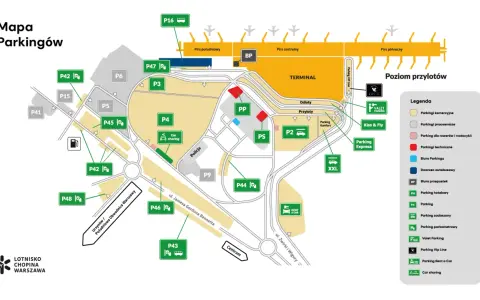 Mapa parkingów Lotnisko Chopina Warszawa z zaznaczonymi strefami P16, P47, P3, P4, P45, P42, P48, P46, P43, P9, P44, P5, P15, P41, PP, PS, P2, XXL.