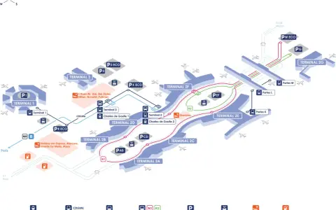 Plan lotnisko Charles de Gaulle: terminale 1, 2A-G, 3, parkingi, hotele, transport publiczny.