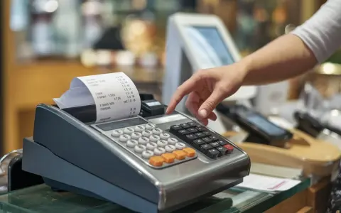 Ręka naciska klawisze kasy fiskalnej, z której wychodzi wydruk. To zapewne raport dobowy z kasy fiskalnej.