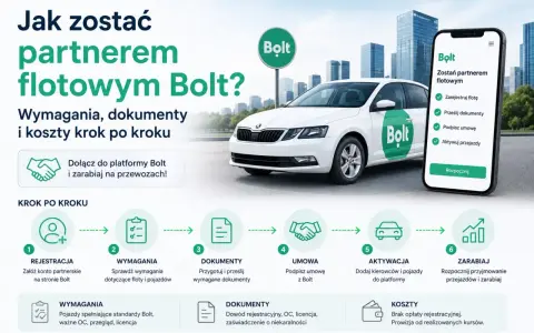 Jak zostać partnerem flotowym Bolt? Zarejestruj flotę, prześlij dokumenty, podpisz umowę i zacznij zarabiać na przewozach.