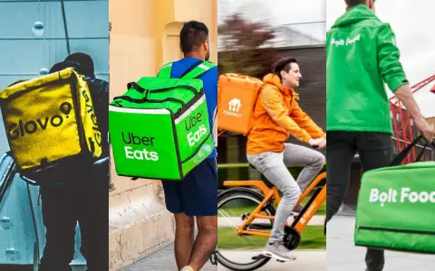 Kurierzy Glovo, Uber Eats i Bolt Food z torbami na jedzenie. Wybór należy do Ciebie: Glovo czy Uber Eats?