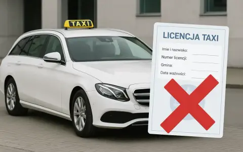 Biała taksówka z tabliczką "TAXI" i dokumentem "LICENCJA TAXI" z przekreślonym krzyżykiem. Kod zawodu taksówkarz.