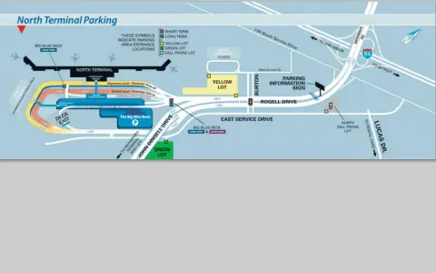 Mapa parkingu przy dtw airport: North Terminal, Big Blue Deck, Yellow Lot, Green Lot, Cell Phone Lot, Berry Terminal (zamknięty).