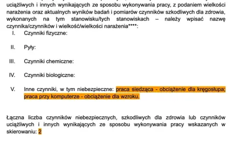 Wzór skierowania na badania lekarskie własna działalność: opis warunków pracy, czynniki szkodliwe (praca siedząca, komputer).