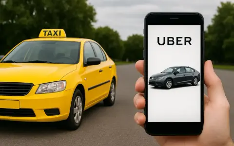 Żółta taksówka i smartfon z aplikacją Uber. Rozważasz koszty firmy jednoosobowej taxi?