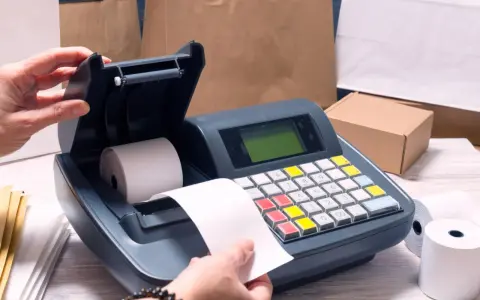 Ręce przygotowują kasę fiskalną do wyrejestrowania. W tle torby papierowe i pudełka.