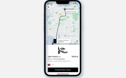 Uber Airport: zamówiony kurs na Lotnisko Chopina w Warszawie. Auto za 4 minuty, cena 38,64 zł.