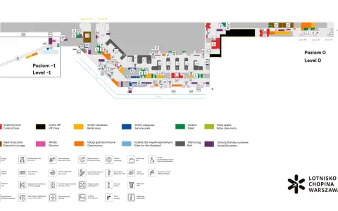 Plan lotniska Chopina: Poziom -1 i Poziom O z zaznaczonymi strefami kontroli, VIP, handlowymi, usługowymi, toaletami i pokojami opieki.
