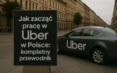 Tablica informuje, jak zacząć pracę w Uber w Polsce. Obok stoi ciemny samochód z logo Uber.