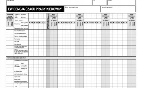 Formularz ewidencyjny czasu pracy kierowcy, służący do śledzenia godzin pracy i przerw. Aplikacja do zarządzania czasem pracy kierowcy.