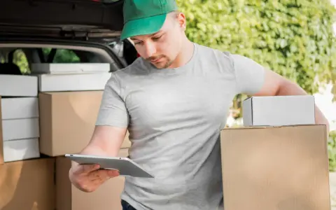 Kurier FedEx sprawdza paczki na tablecie. Zastanawiasz się, ile zarabia kurier FedEx?