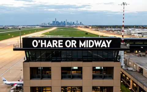 Wieża kontroli lotów na lotnisku Chicago z napisem "O'HARE OR MIDWAY". W tle widać panoramę miasta.