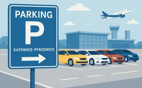 Znak "Parking Katowice-Pyrzowice" obok rzędu samochodów i samolotu startującego z lotniska.