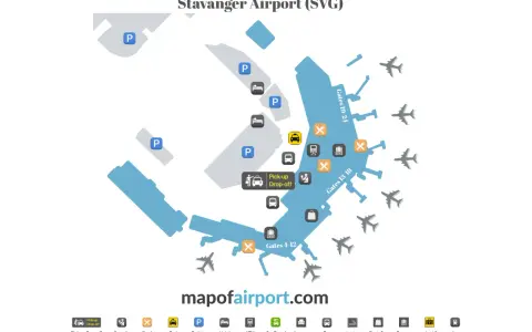 Plan lotniska Stavanger (SVG) z zaznaczonymi parkingami, bramkami, punktami odbioru/odwozu, hotelami i innymi udogodnieniami.