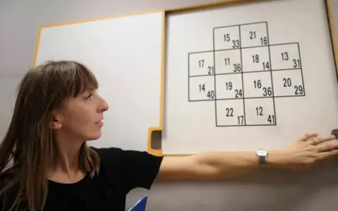 Kobieta podczas badań psychotesty wskazuje na tablicę z liczbami, analizując wyniki.