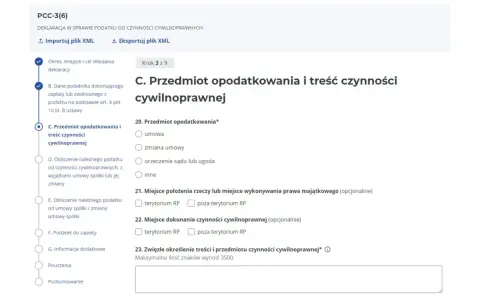 Formularz PCC-3(6) - C. Przedmiot opodatkowania i treść czynności cywilnoprawnej. Trwa zgłoszenie pojazdu do urzędu skarbowego.