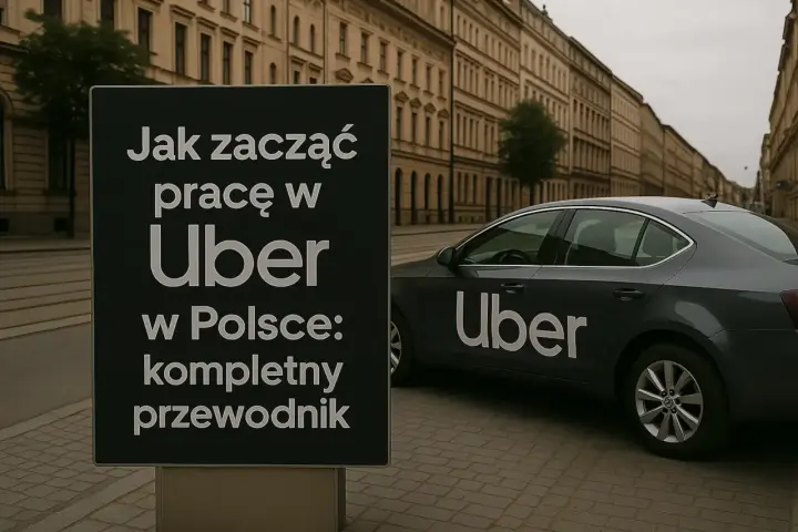 Czarny znak z napisem "Jak zacząć pracę w Uber w Polsce: kompletny przewodnik" obok ciemnoszarego samochodu Uber.