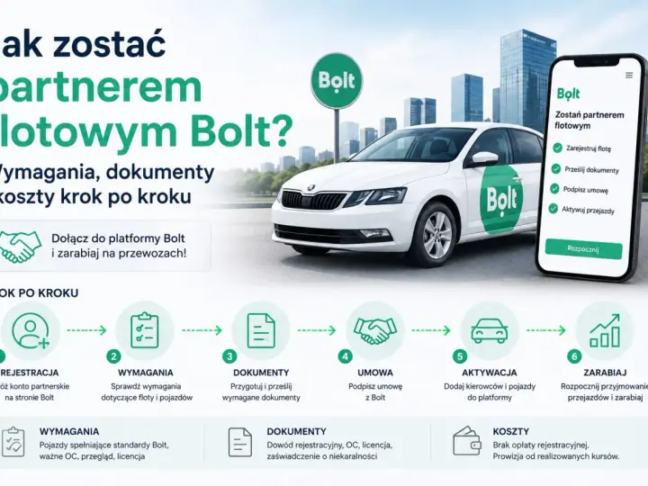 Jak zostać partnerem flotowym Bolt? Zarejestruj flotę, prześlij dokumenty, podpisz umowę i zacznij zarabiać na przewozach.