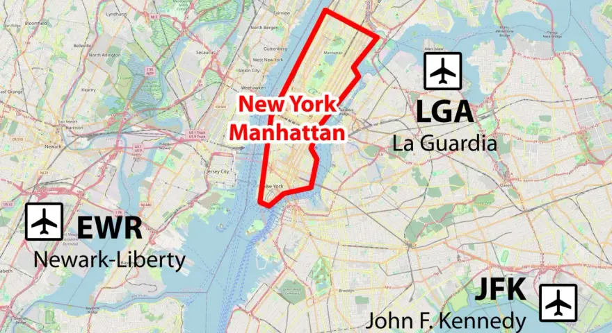 Mapa Nowego Jorku z zaznaczonym Manhattanem, lotniskami LGA, EWR i JFK.