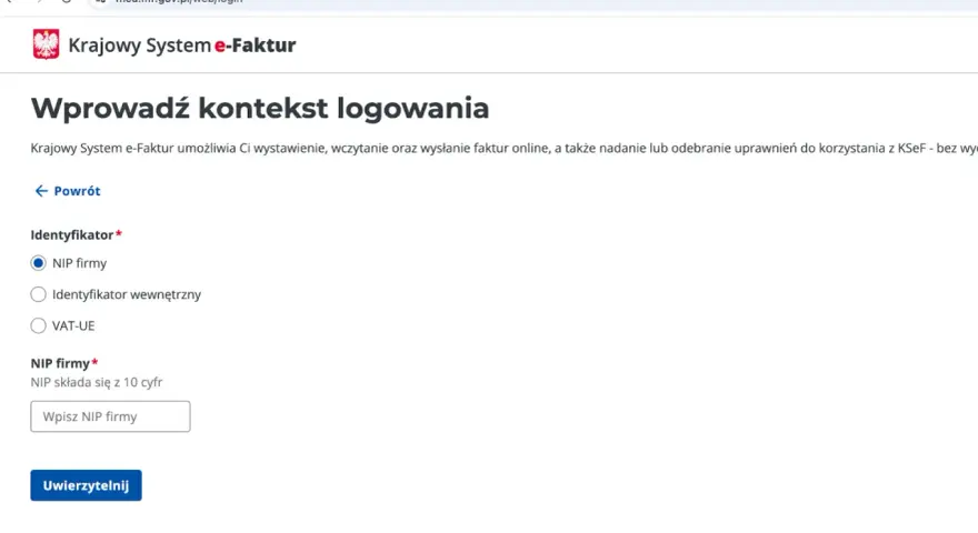 Formularz logowania do Krajowego Systemu e-Faktur. Wybierz identyfikator firmy, wpisz swój NIP i uwierzytelnij.