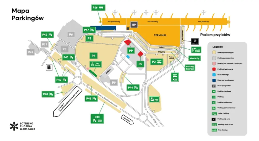 Mapa parkingów Lotnisko Chopina Warszawa z zaznaczonymi strefami P16, P47, P3, P4, P45, P42, P48, P46, P43, P9, P44, P5, P15, P41, PP, PS, P2, XXL.