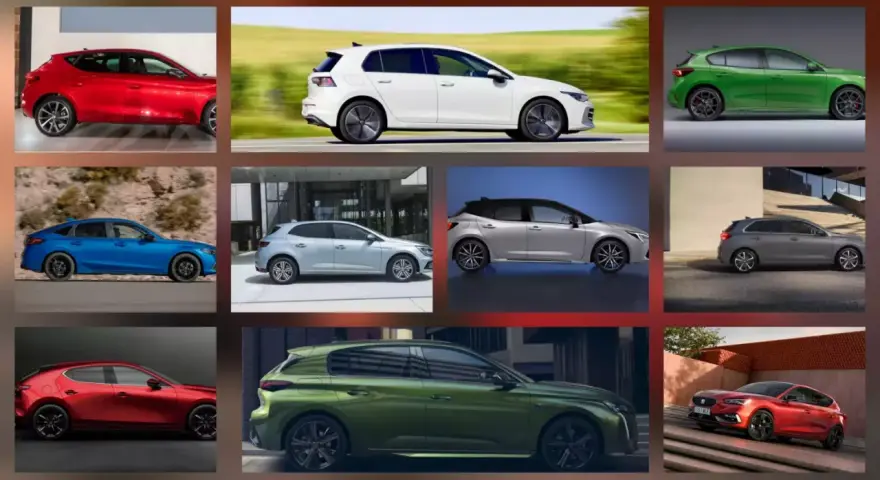 Kompilacja samochodów, w tym biały Volkswagen Golf, niebieski Honda Civic i czerwony Seat Leon. Który z nich jest najbardziej ekonomiczny?