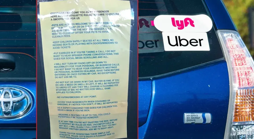 Naklejki Lyft i Uber na tylnej szybie samochodu, obok zasad jazdy.