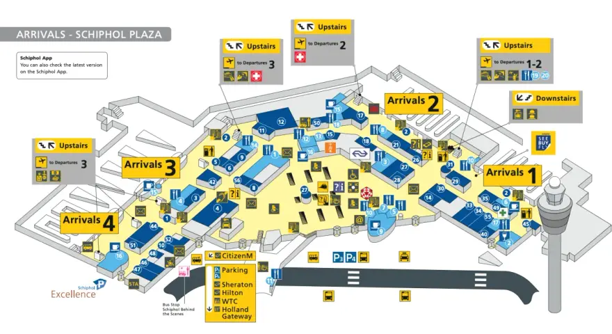 Plan lotniska w Amsterdamie Schiphol Plaza z oznaczeniami przylotów, odlotów i udogodnień.