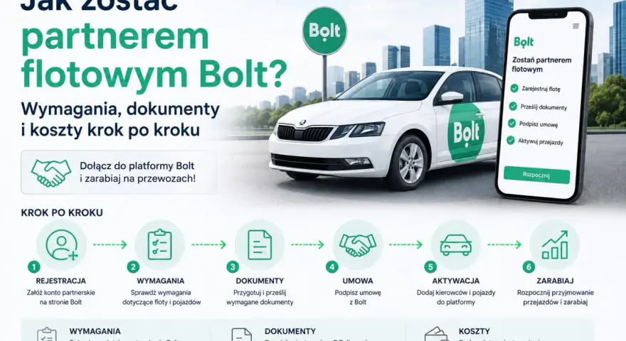 Jak zostać partnerem flotowym Bolt? Zarejestruj flotę, prześlij dokumenty, podpisz umowę i zacznij zarabiać na przewozach.