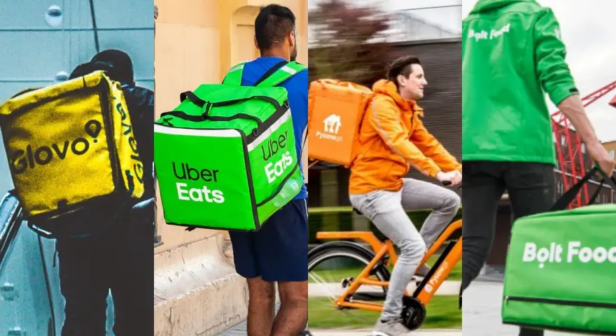 Kurierzy Glovo, Uber Eats i Bolt Food z torbami na jedzenie. Wybór należy do Ciebie: Glovo czy Uber Eats?