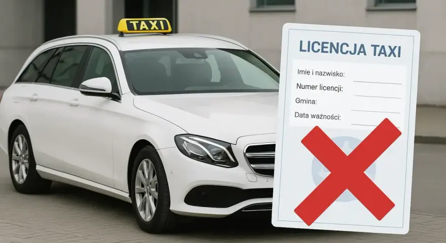 Biała taksówka z tabliczką "TAXI" i dokumentem "LICENCJA TAXI" z przekreślonym krzyżykiem. Kod zawodu taksówkarz.