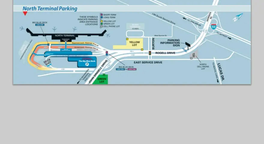 Mapa parkingu przy dtw airport: North Terminal, Big Blue Deck, Yellow Lot, Green Lot, Cell Phone Lot, Berry Terminal (zamknięty).