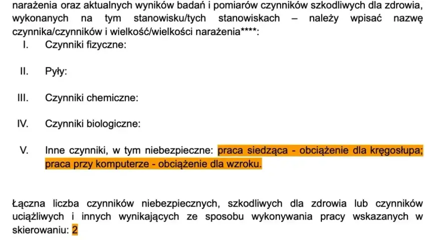 Wzór skierowania na badania lekarskie własna działalność: opis warunków pracy, czynniki szkodliwe (praca siedząca, komputer).