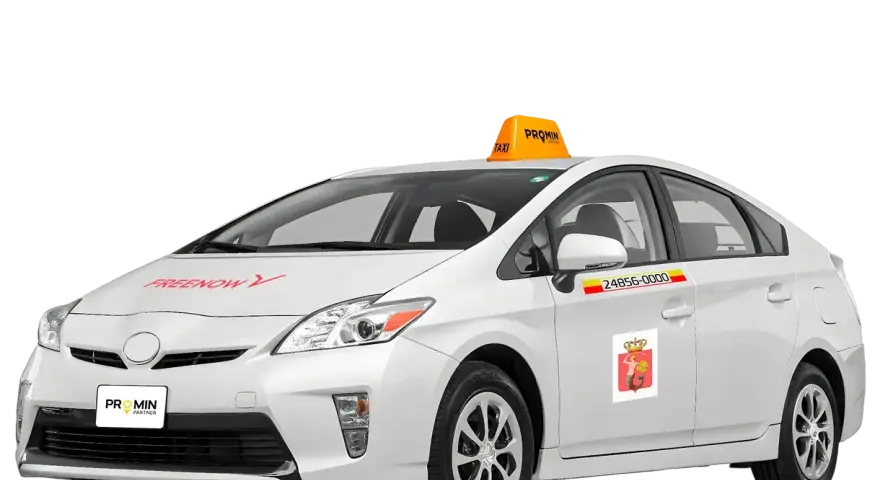 Biała taksówka z napisem "FRENOW Y" i żółtym dachem "TAXI". Idealny samochód, gdy potrzebujesz transportu.
