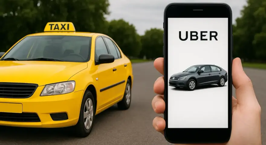 Żółta taksówka i smartfon z aplikacją Uber. Rozważasz koszty firmy jednoosobowej taxi?