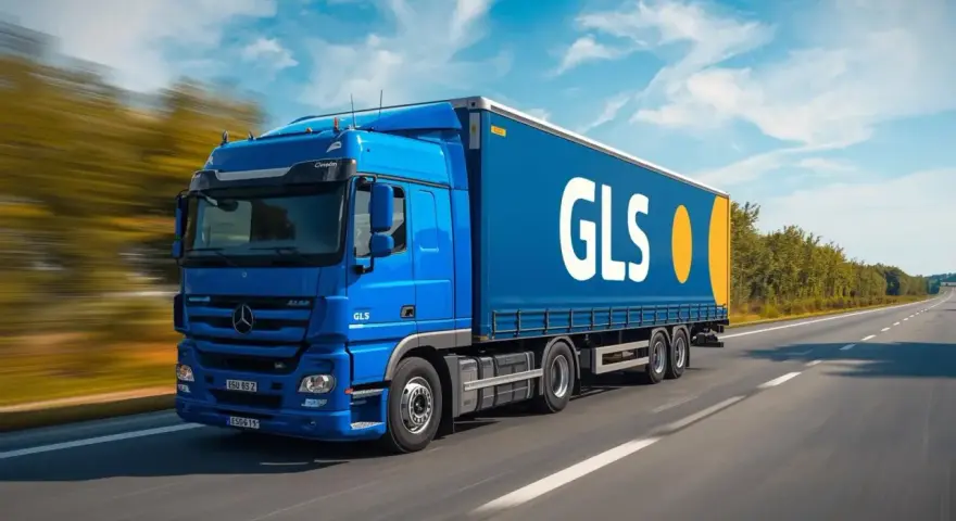 Niebieska ciężarówka GLS pędzi autostradą. Kierowcy tej firmy mogą liczyć na dobre gls zarobki.