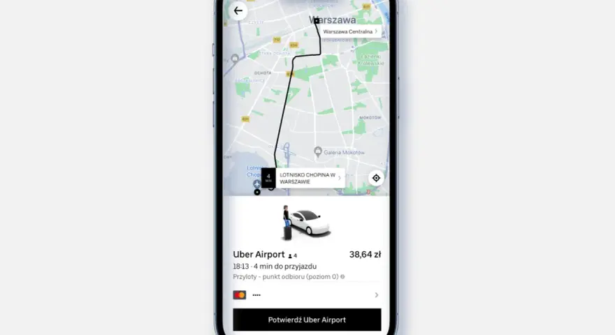 Uber Airport: zamówiony kurs na Lotnisko Chopina w Warszawie. Auto za 4 minuty, cena 38,64 zł.