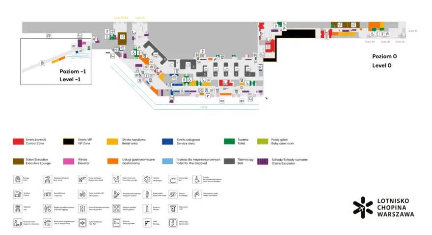 Plan lotniska Chopina: Poziom -1 i Poziom O z zaznaczonymi strefami kontroli, VIP, handlowymi, usługowymi, toaletami i pokojami opieki.