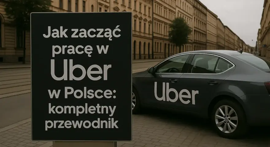 Tablica informuje, jak zacząć pracę w Uber w Polsce. Obok stoi ciemny samochód z logo Uber.