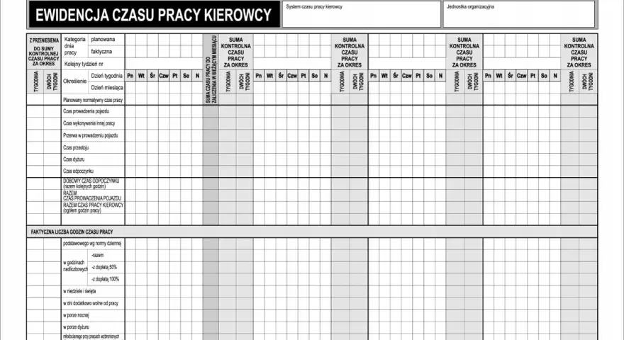 Formularz ewidencyjny czasu pracy kierowcy, służący do śledzenia godzin pracy i przerw. Aplikacja do zarządzania czasem pracy kierowcy.