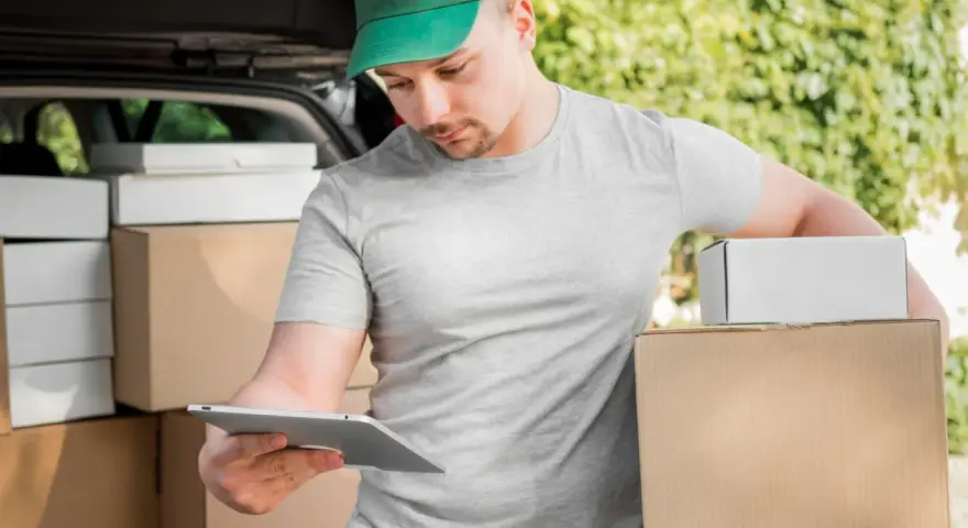 Kurier FedEx sprawdza paczki na tablecie. Zastanawiasz się, ile zarabia kurier FedEx?