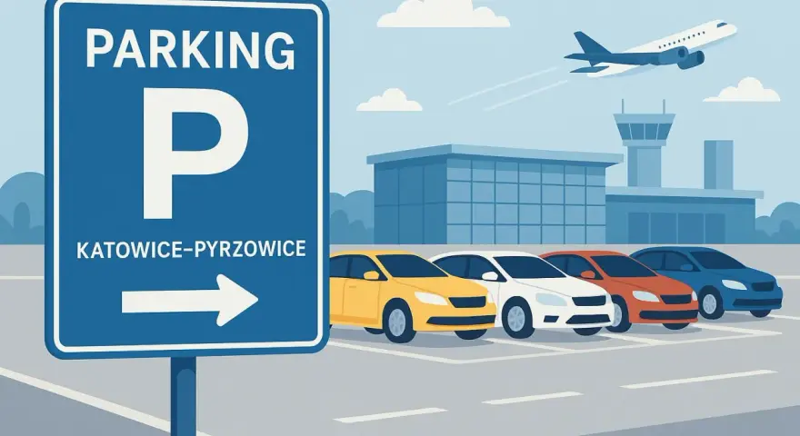 Znak "Parking Katowice-Pyrzowice" obok rzędu samochodów i samolotu startującego z lotniska.