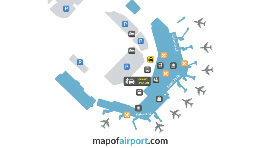 Plan lotniska Stavanger (SVG) z zaznaczonymi parkingami, bramkami, punktami odbioru/odwozu, hotelami i innymi udogodnieniami.