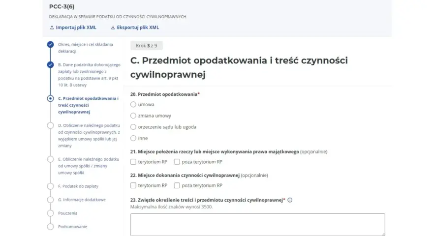 Formularz PCC-3(6) - C. Przedmiot opodatkowania i treść czynności cywilnoprawnej. Trwa zgłoszenie pojazdu do urzędu skarbowego.